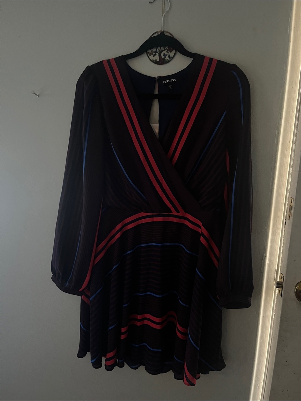 Express Long-Sleeve Black Wrap Dress with Red and Blue Stripes